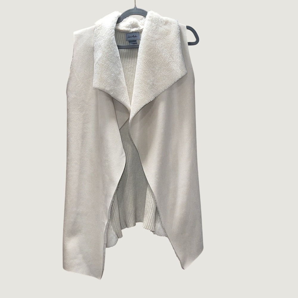 Le Moda Womens Cream Faux Suede Fur Ribbed Knit Open Front Draped Vest XXL